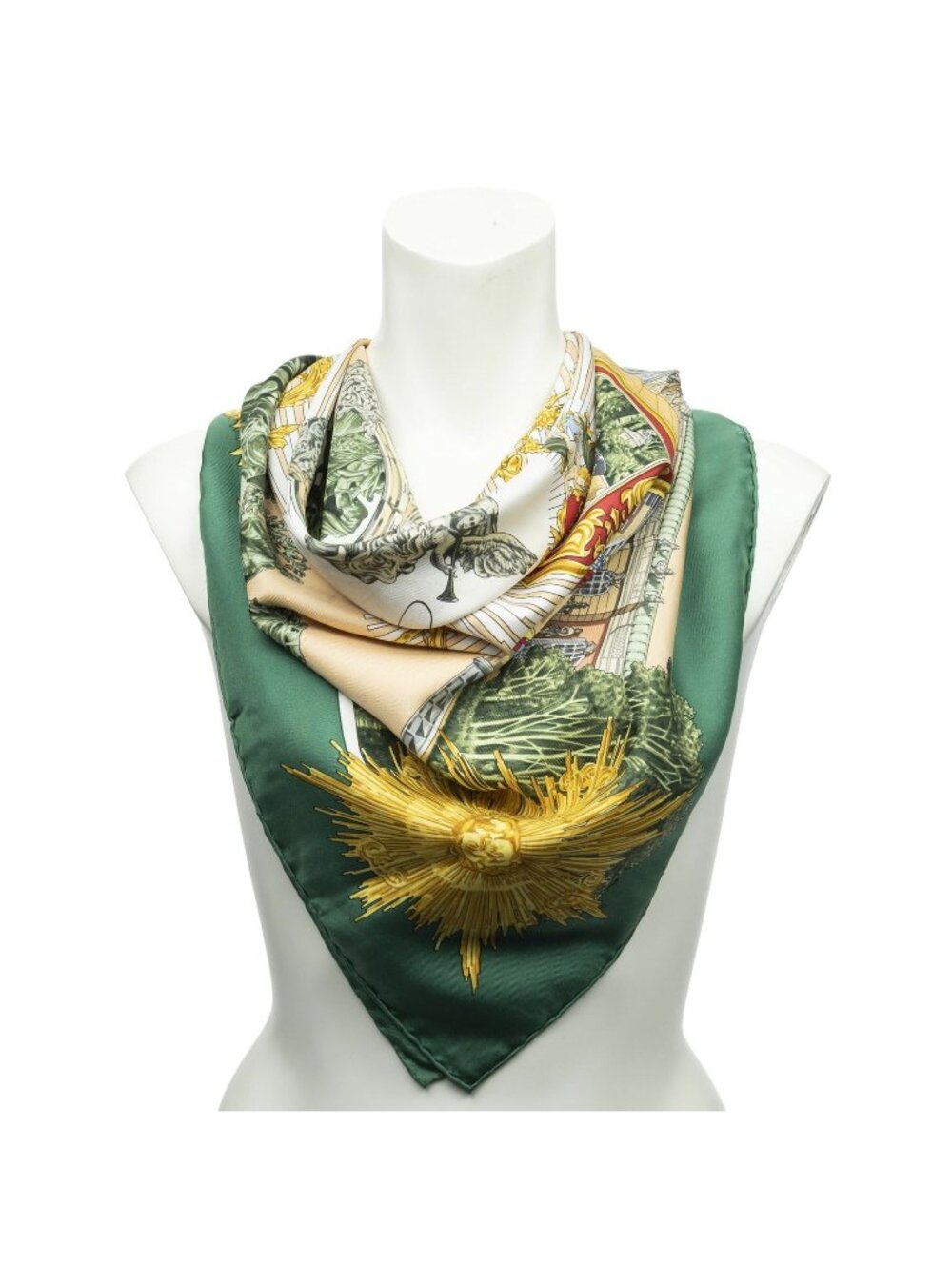 Hermes Scarf Green Beige Gold Silk
